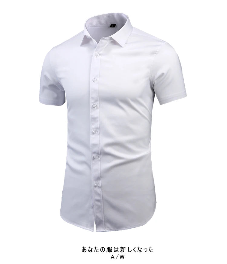 Anti-Wrinkle No-Ironing Elasticity Slim Fit Men Dress Casual Short Sleeve Shirt White Black Blue Red Male Social Formal Shirts