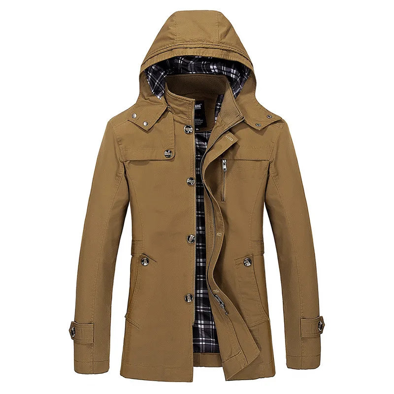Spring and Autumn New Men's Large Size Trench Coat Korean Version of The Slim Long Men's Hooded Coat Men's Coat Thick Cotton