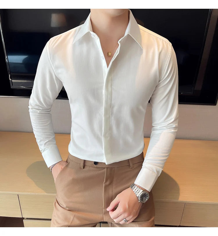 British Style Autumn Solid Shirt for Men Pointed Collar Long Sleeved Casual Shirts Fashion Business Formal Dress Shirts M-4XL
