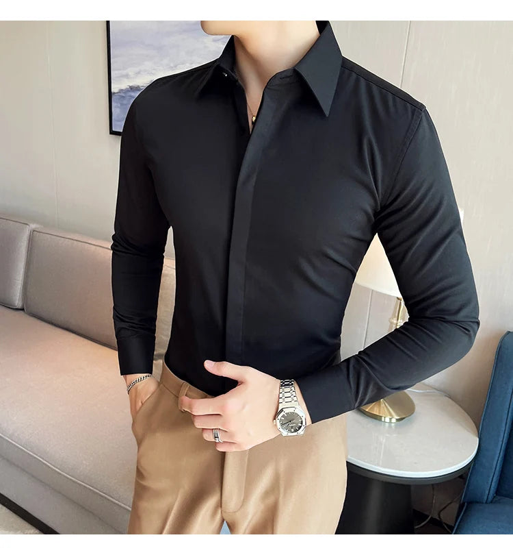 British Style Autumn Solid Shirt for Men Pointed Collar Long Sleeved Casual Shirts Fashion Business Formal Dress Shirts M-4XL