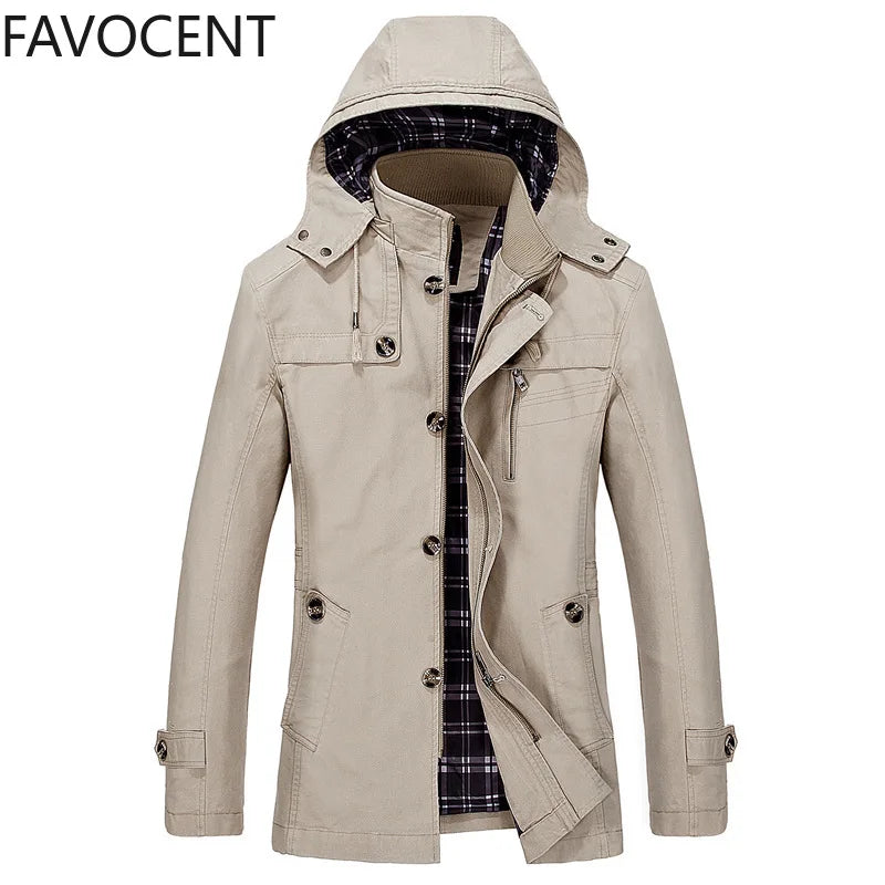 Spring and Autumn New Men's Large Size Trench Coat Korean Version of The Slim Long Men's Hooded Coat Men's Coat Thick Cotton