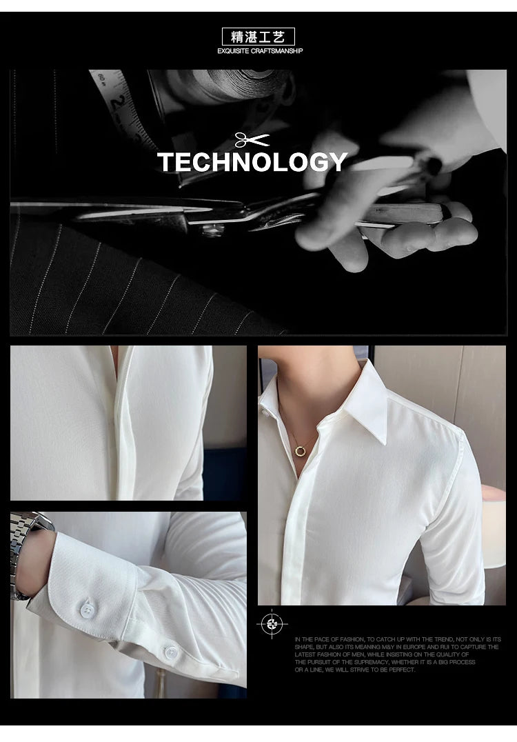 British Style Autumn Solid Shirt for Men Pointed Collar Long Sleeved Casual Shirts Fashion Business Formal Dress Shirts M-4XL
