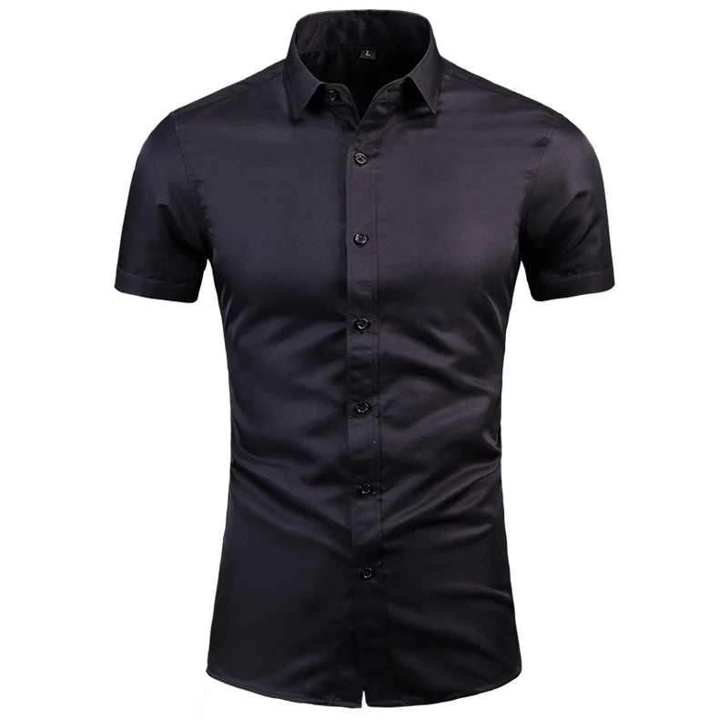 Anti-Wrinkle No-Ironing Elasticity Slim Fit Men Dress Casual Short Sleeve Shirt White Black Blue Red Male Social Formal Shirts