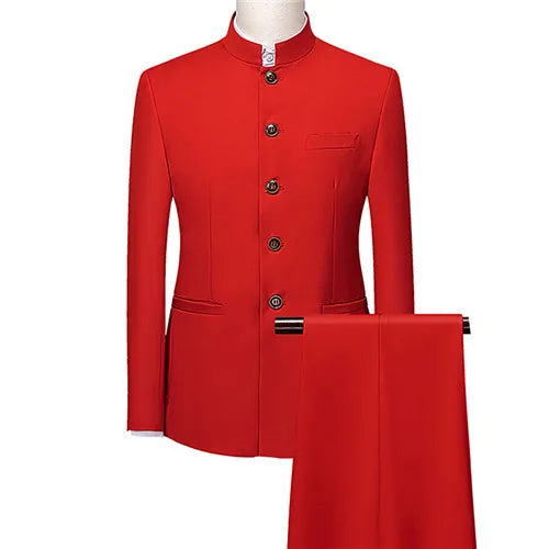 Men's White Single Breasted Stand Up Collar Suit 2-Piece, Chinese Style Red Slim-Fit Blazer Coat and Pants, Black, Blue, Yellow.