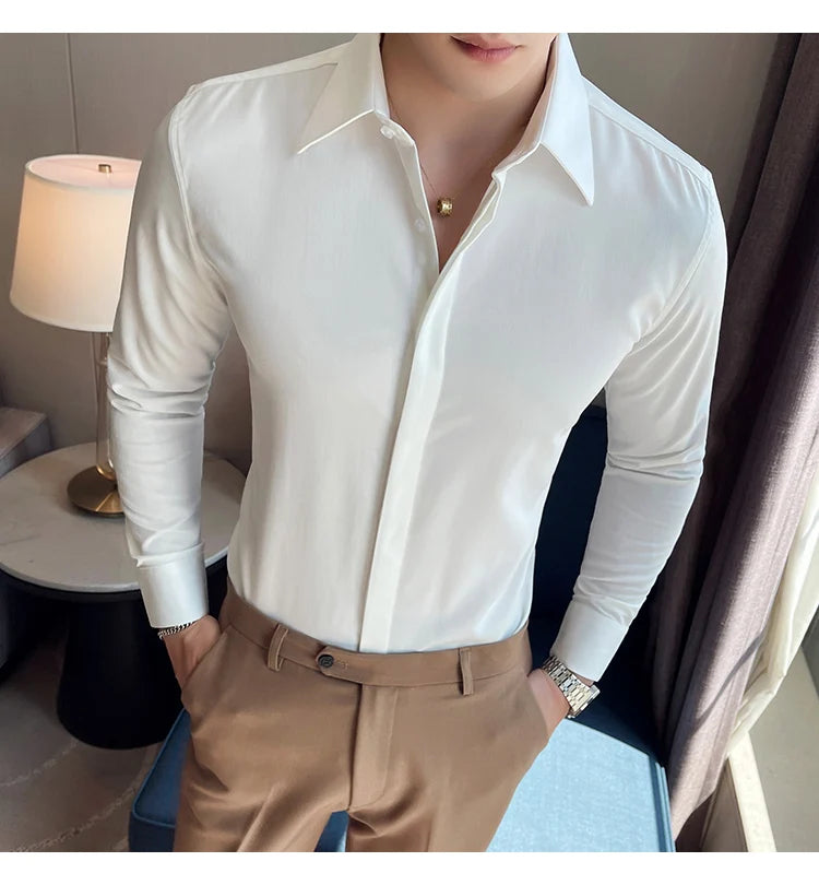 British Style Autumn Solid Shirt for Men Pointed Collar Long Sleeved Casual Shirts Fashion Business Formal Dress Shirts M-4XL