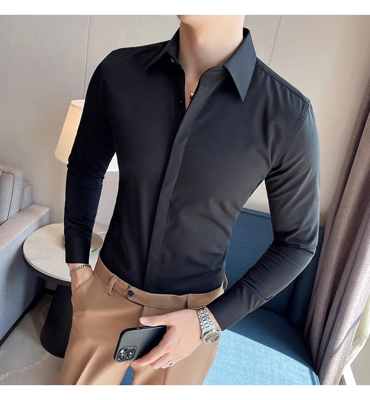 British Style Autumn Solid Shirt for Men Pointed Collar Long Sleeved Casual Shirts Fashion Business Formal Dress Shirts M-4XL
