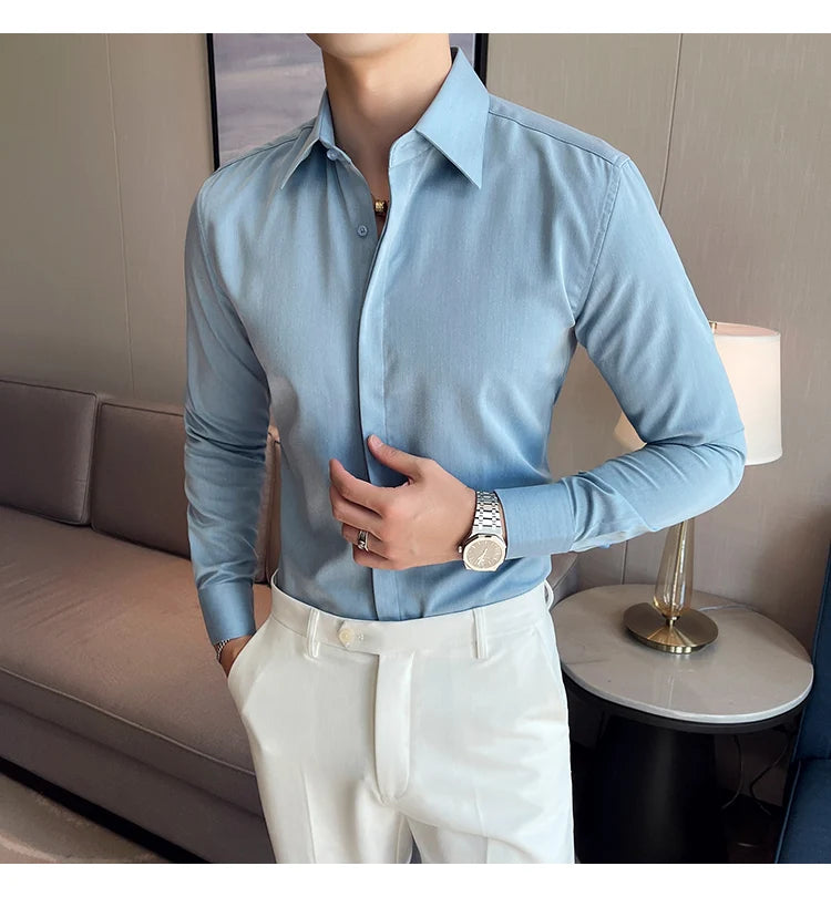 British Style Autumn Solid Shirt for Men Pointed Collar Long Sleeved Casual Shirts Fashion Business Formal Dress Shirts M-4XL