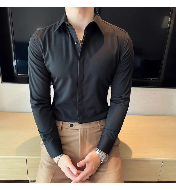 British Style Autumn Solid Shirt for Men Pointed Collar Long Sleeved Casual Shirts Fashion Business Formal Dress Shirts M-4XL