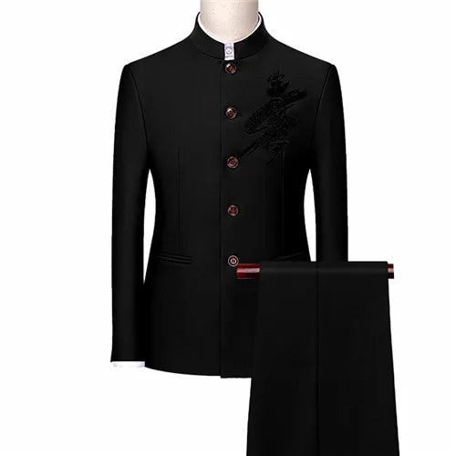 Men's White Single Breasted Stand Up Collar Suit 2-Piece, Chinese Style Red Slim-Fit Blazer Coat and Pants, Black, Blue, Yellow.