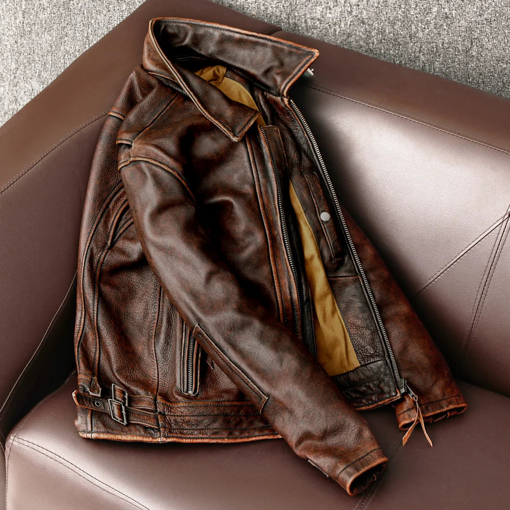 2023New Men Leather  Jacket  Swallow Tailed Vintage Motorcycle Top Cowhide Coat  Male Biker Clothing