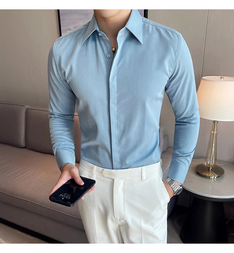British Style Autumn Solid Shirt for Men Pointed Collar Long Sleeved Casual Shirts Fashion Business Formal Dress Shirts M-4XL