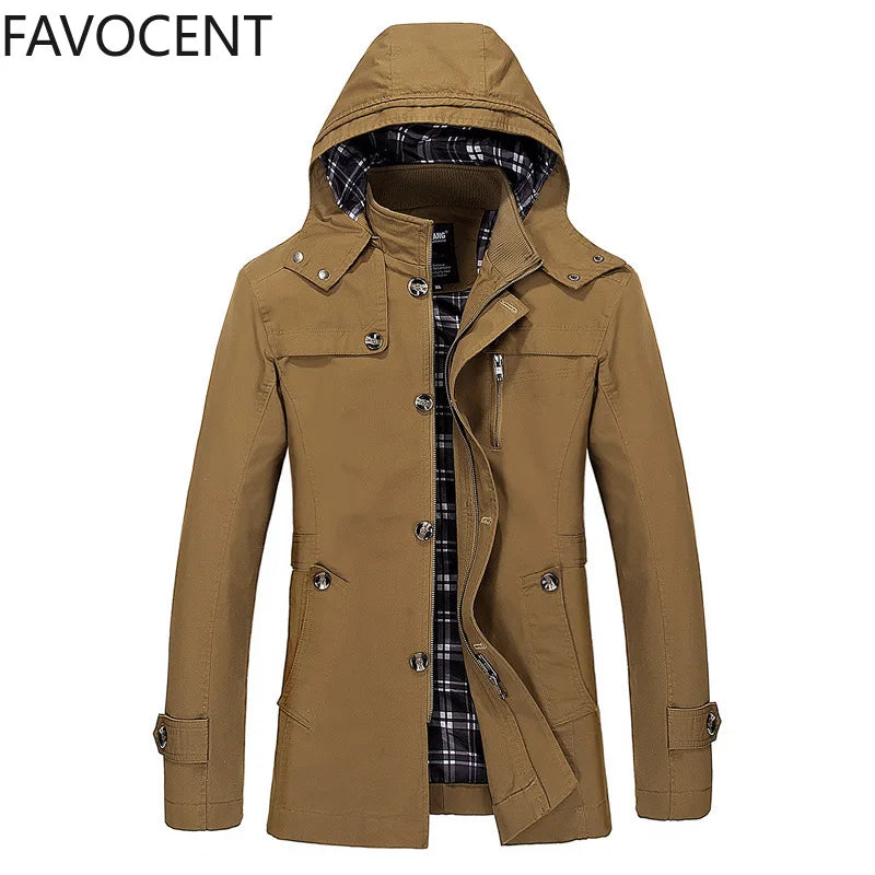 Spring and Autumn New Men's Large Size Trench Coat Korean Version of The Slim Long Men's Hooded Coat Men's Coat Thick Cotton