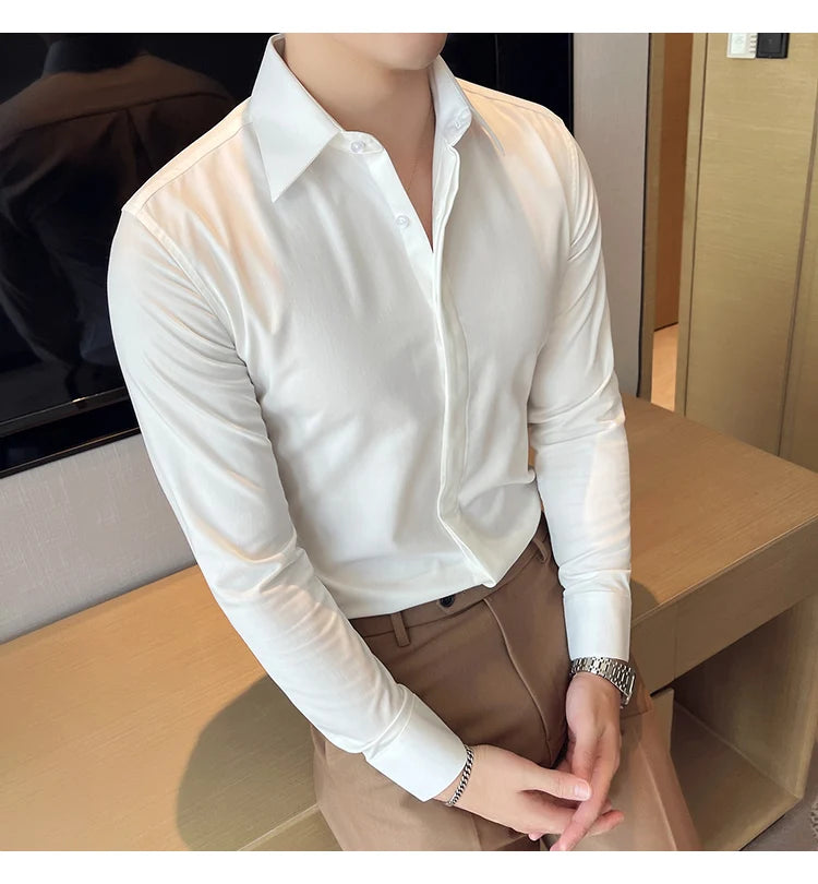 British Style Autumn Solid Shirt for Men Pointed Collar Long Sleeved Casual Shirts Fashion Business Formal Dress Shirts M-4XL