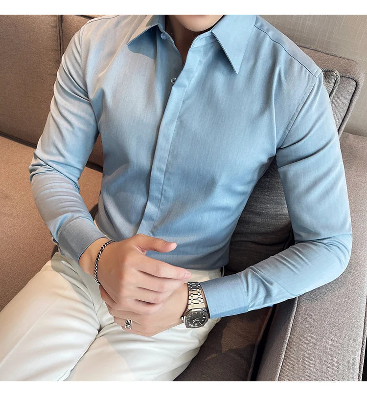 British Style Autumn Solid Shirt for Men Pointed Collar Long Sleeved Casual Shirts Fashion Business Formal Dress Shirts M-4XL