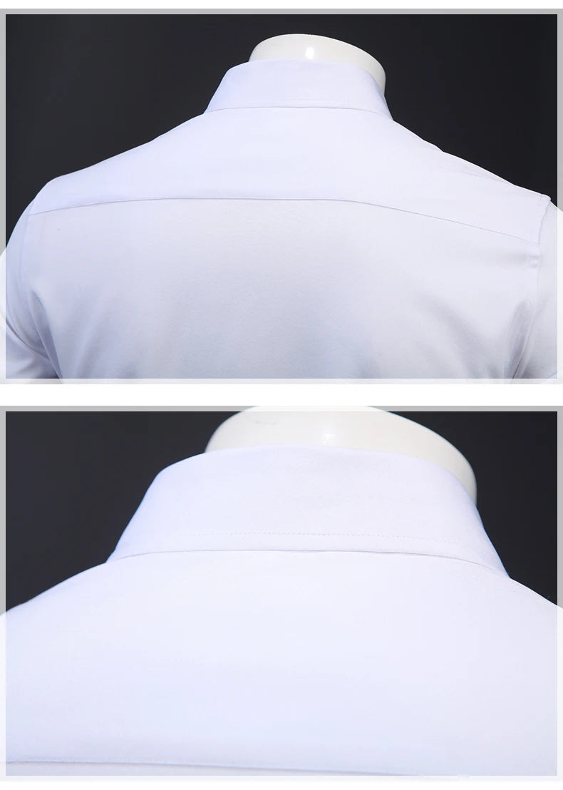 Anti-Wrinkle No-Ironing Elasticity Slim Fit Men Dress Casual Short Sleeve Shirt White Black Blue Red Male Social Formal Shirts