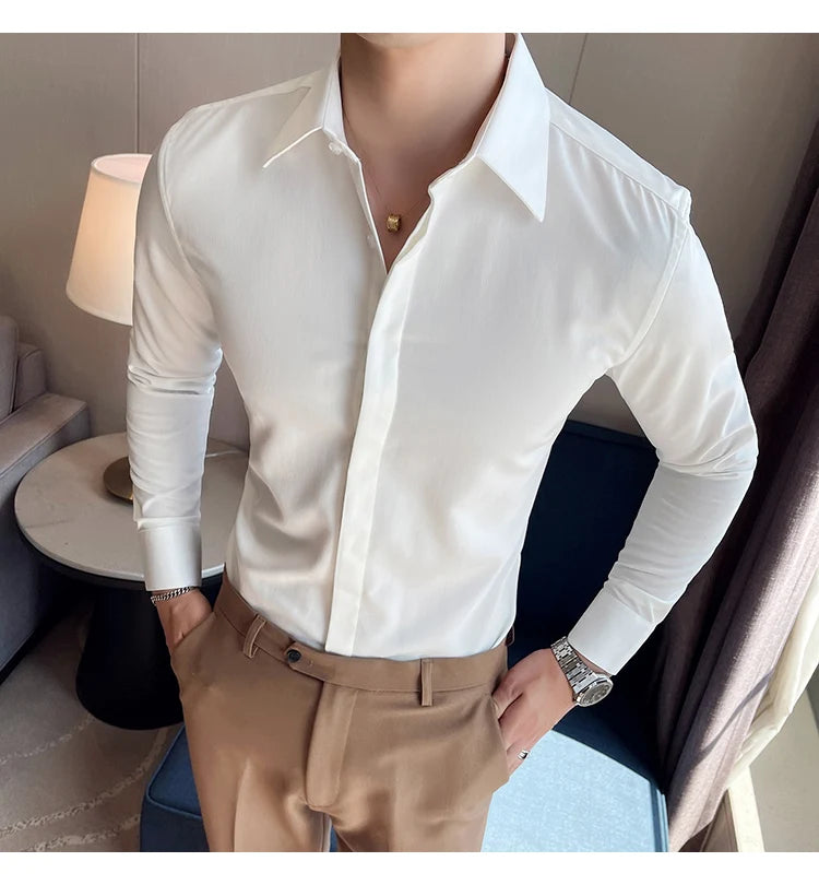 British Style Autumn Solid Shirt for Men Pointed Collar Long Sleeved Casual Shirts Fashion Business Formal Dress Shirts M-4XL