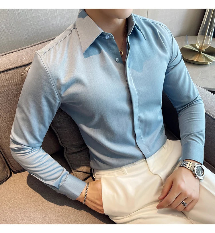 British Style Autumn Solid Shirt for Men Pointed Collar Long Sleeved Casual Shirts Fashion Business Formal Dress Shirts M-4XL