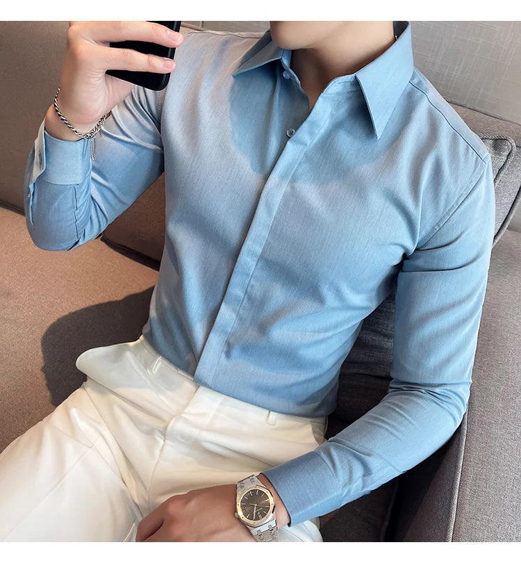 British Style Autumn Solid Shirt for Men Pointed Collar Long Sleeved Casual Shirts Fashion Business Formal Dress Shirts M-4XL