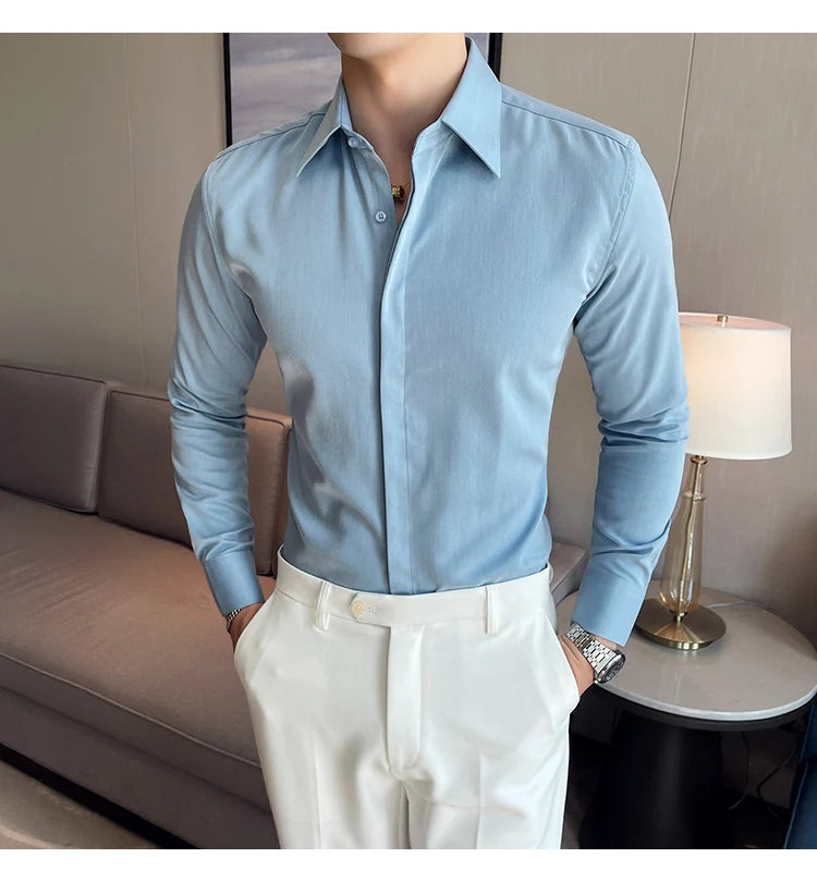 British Style Autumn Solid Shirt for Men Pointed Collar Long Sleeved Casual Shirts Fashion Business Formal Dress Shirts M-4XL