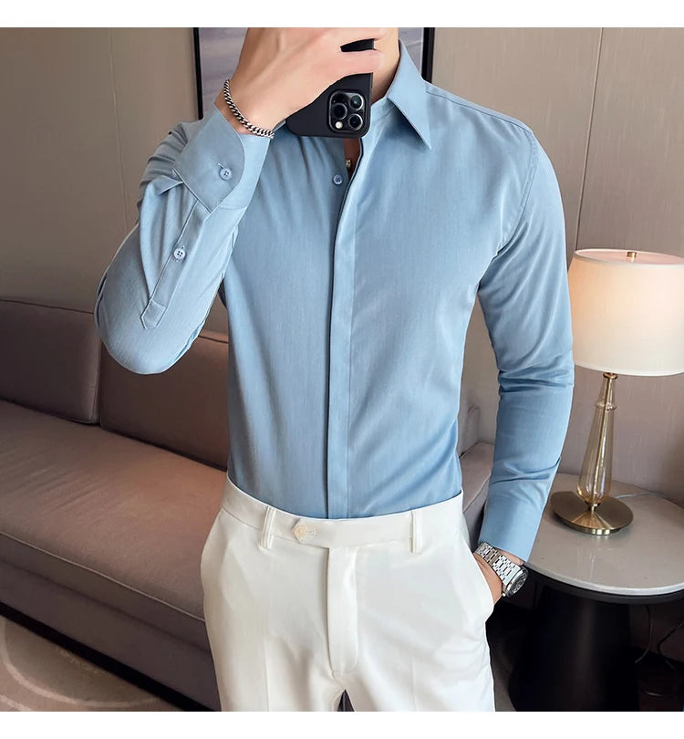 British Style Autumn Solid Shirt for Men Pointed Collar Long Sleeved Casual Shirts Fashion Business Formal Dress Shirts M-4XL