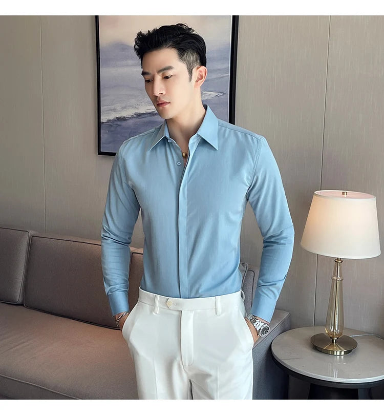 British Style Autumn Solid Shirt for Men Pointed Collar Long Sleeved Casual Shirts Fashion Business Formal Dress Shirts M-4XL