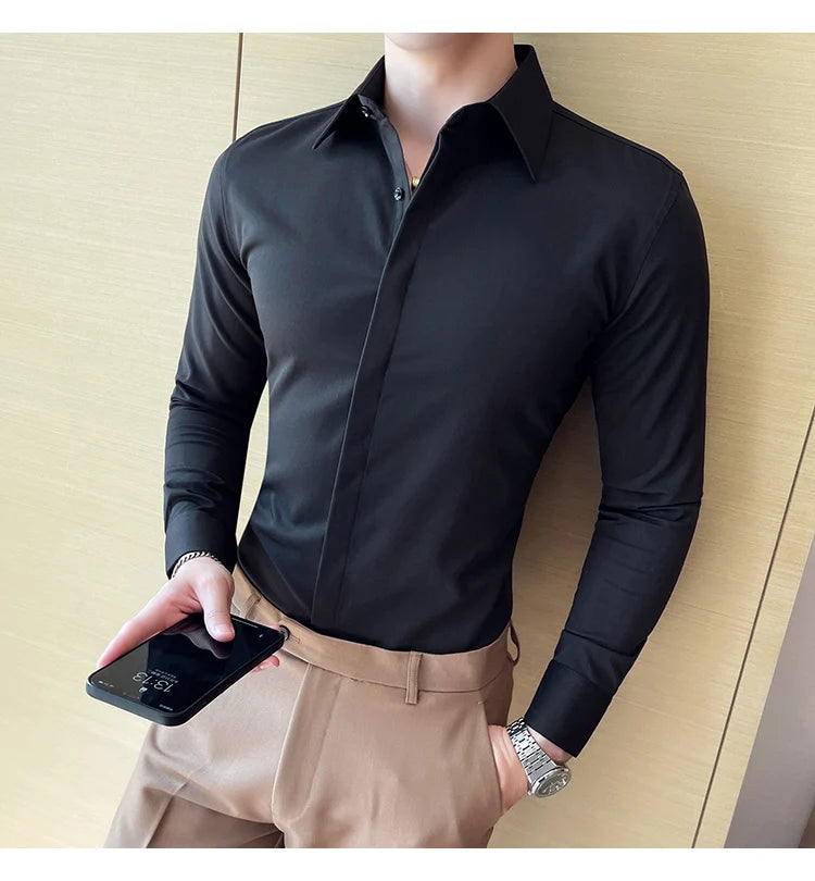British Style Autumn Solid Shirt for Men Pointed Collar Long Sleeved Casual Shirts Fashion Business Formal Dress Shirts M-4XL