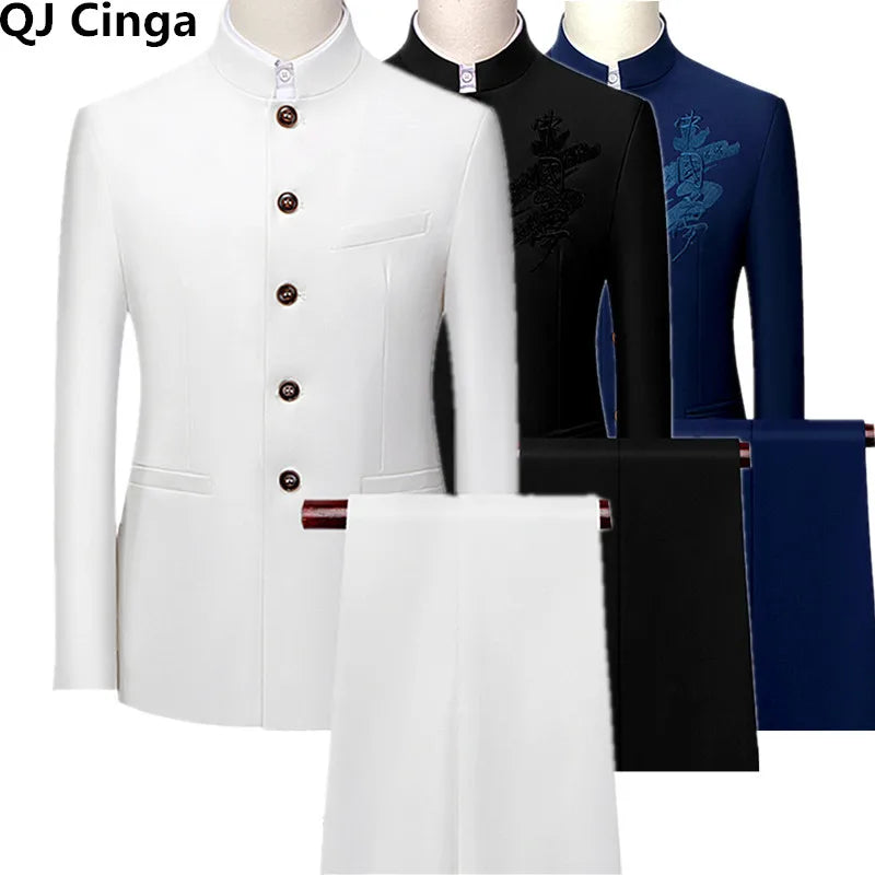 Men's White Single Breasted Stand Up Collar Suit 2-Piece, Chinese Style Red Slim-Fit Blazer Coat and Pants, Black, Blue, Yellow.