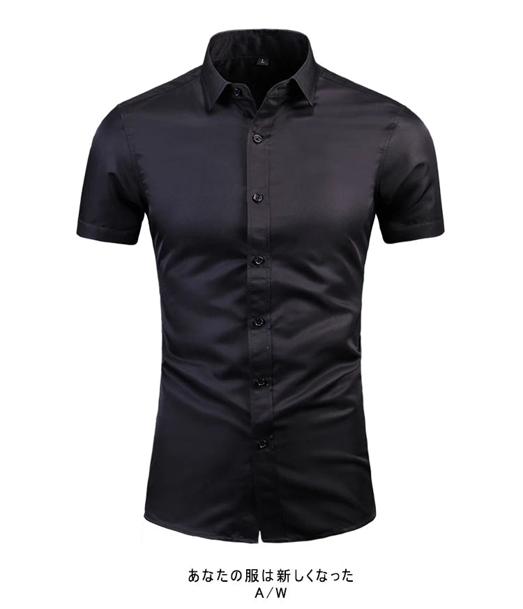 Anti-Wrinkle No-Ironing Elasticity Slim Fit Men Dress Casual Short Sleeve Shirt White Black Blue Red Male Social Formal Shirts
