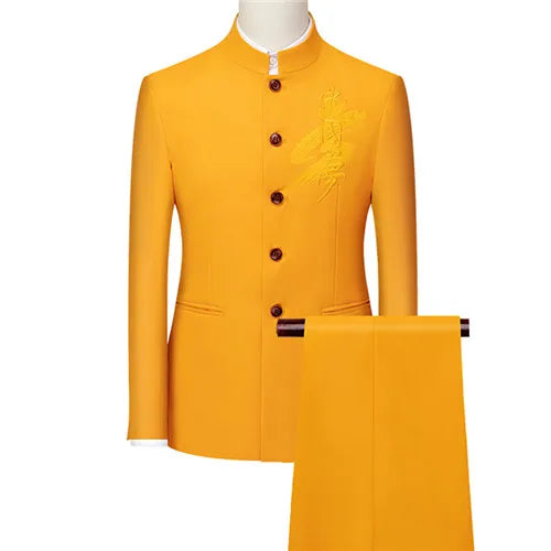 Men's White Single Breasted Stand Up Collar Suit 2-Piece, Chinese Style Red Slim-Fit Blazer Coat and Pants, Black, Blue, Yellow.