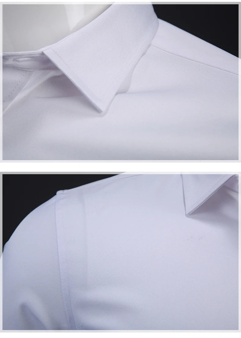 Anti-Wrinkle No-Ironing Elasticity Slim Fit Men Dress Casual Short Sleeve Shirt White Black Blue Red Male Social Formal Shirts
