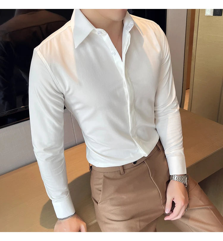 British Style Autumn Solid Shirt for Men Pointed Collar Long Sleeved Casual Shirts Fashion Business Formal Dress Shirts M-4XL