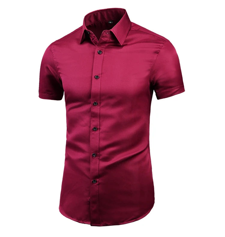 Anti-Wrinkle No-Ironing Elasticity Slim Fit Men Dress Casual Short Sleeve Shirt White Black Blue Red Male Social Formal Shirts