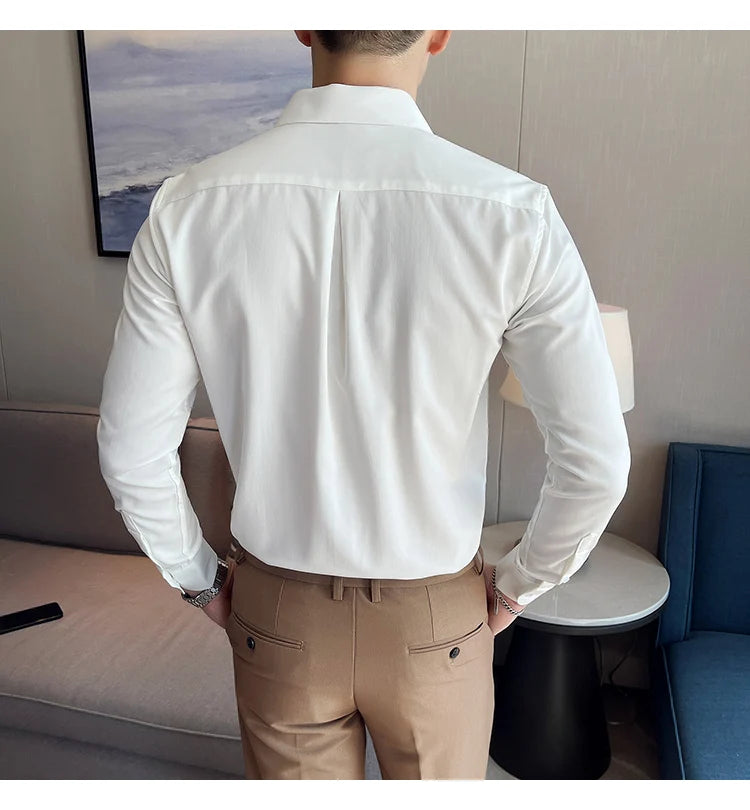 British Style Autumn Solid Shirt for Men Pointed Collar Long Sleeved Casual Shirts Fashion Business Formal Dress Shirts M-4XL