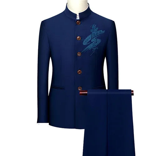 Men's White Single Breasted Stand Up Collar Suit 2-Piece, Chinese Style Red Slim-Fit Blazer Coat and Pants, Black, Blue, Yellow.