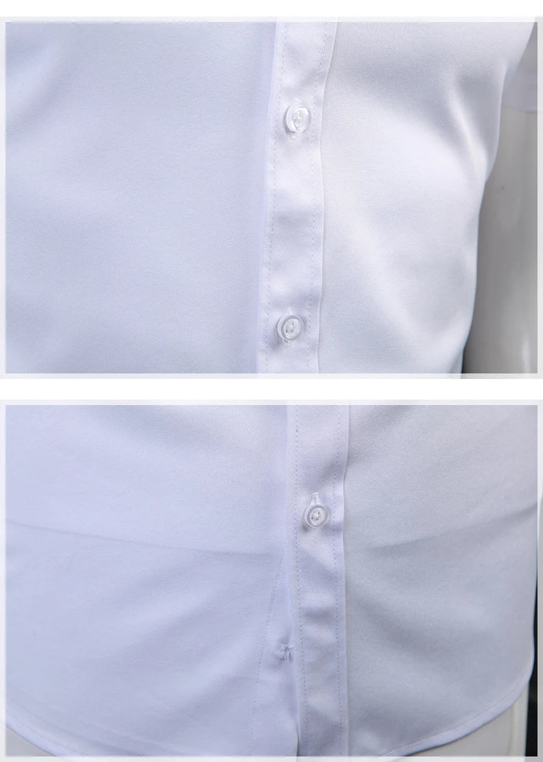 Anti-Wrinkle No-Ironing Elasticity Slim Fit Men Dress Casual Short Sleeve Shirt White Black Blue Red Male Social Formal Shirts