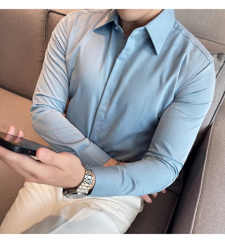 British Style Autumn Solid Shirt for Men Pointed Collar Long Sleeved Casual Shirts Fashion Business Formal Dress Shirts M-4XL