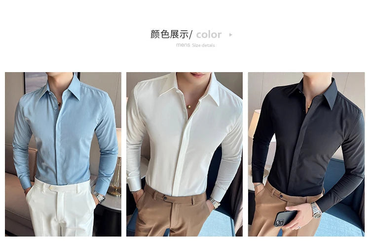 British Style Autumn Solid Shirt for Men Pointed Collar Long Sleeved Casual Shirts Fashion Business Formal Dress Shirts M-4XL