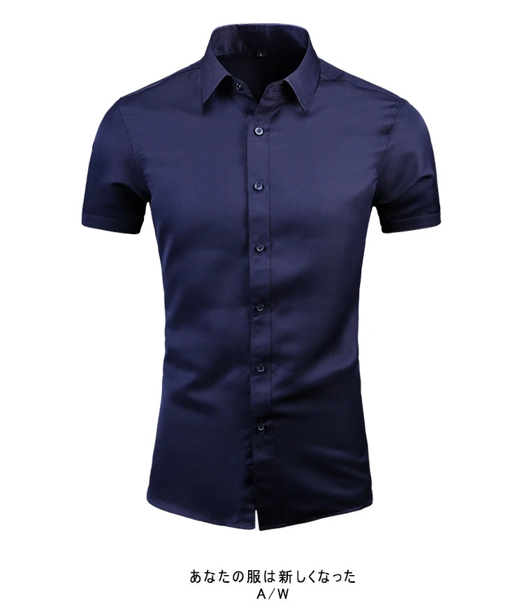 Anti-Wrinkle No-Ironing Elasticity Slim Fit Men Dress Casual Short Sleeve Shirt White Black Blue Red Male Social Formal Shirts