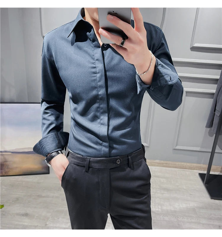 British Style Autumn Solid Shirt for Men Pointed Collar Long Sleeved Casual Shirts Fashion Business Formal Dress Shirts M-4XL