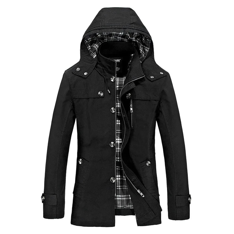 Spring and Autumn New Men's Large Size Trench Coat Korean Version of The Slim Long Men's Hooded Coat Men's Coat Thick Cotton