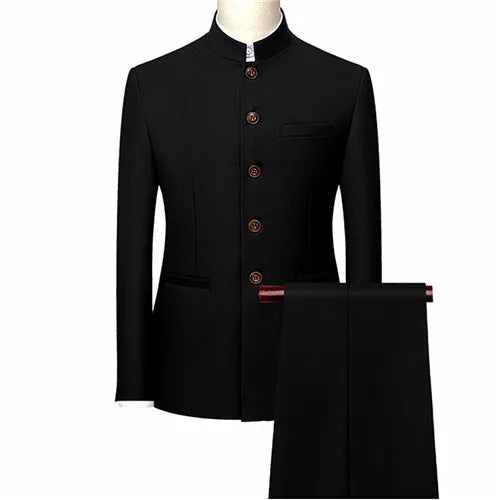 Men's White Single Breasted Stand Up Collar Suit 2-Piece, Chinese Style Red Slim-Fit Blazer Coat and Pants, Black, Blue, Yellow.