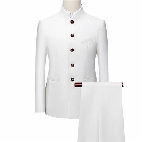 Men's White Single Breasted Stand Up Collar Suit 2-Piece, Chinese Style Red Slim-Fit Blazer Coat and Pants, Black, Blue, Yellow.