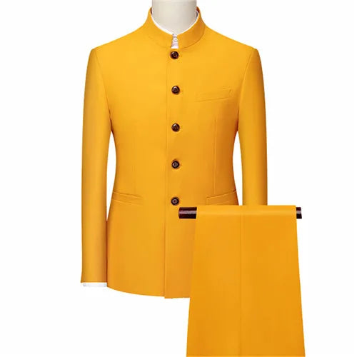Men's White Single Breasted Stand Up Collar Suit 2-Piece, Chinese Style Red Slim-Fit Blazer Coat and Pants, Black, Blue, Yellow.