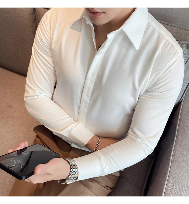 British Style Autumn Solid Shirt for Men Pointed Collar Long Sleeved Casual Shirts Fashion Business Formal Dress Shirts M-4XL