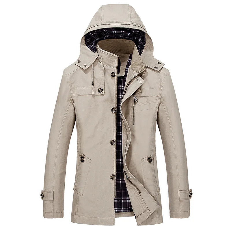 Spring and Autumn New Men's Large Size Trench Coat Korean Version of The Slim Long Men's Hooded Coat Men's Coat Thick Cotton