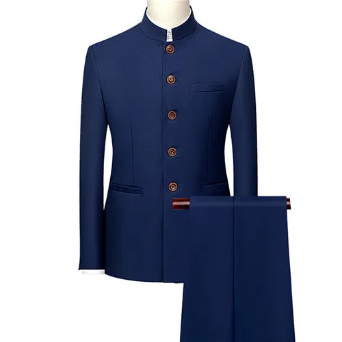 Men's White Single Breasted Stand Up Collar Suit 2-Piece, Chinese Style Red Slim-Fit Blazer Coat and Pants, Black, Blue, Yellow.