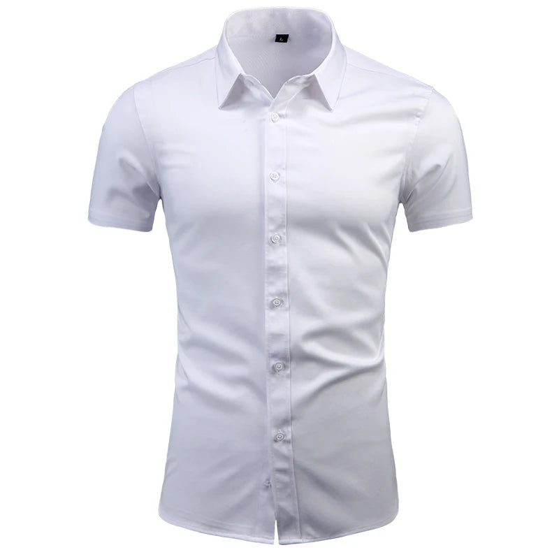 Anti-Wrinkle No-Ironing Elasticity Slim Fit Men Dress Casual Short Sleeve Shirt White Black Blue Red Male Social Formal Shirts