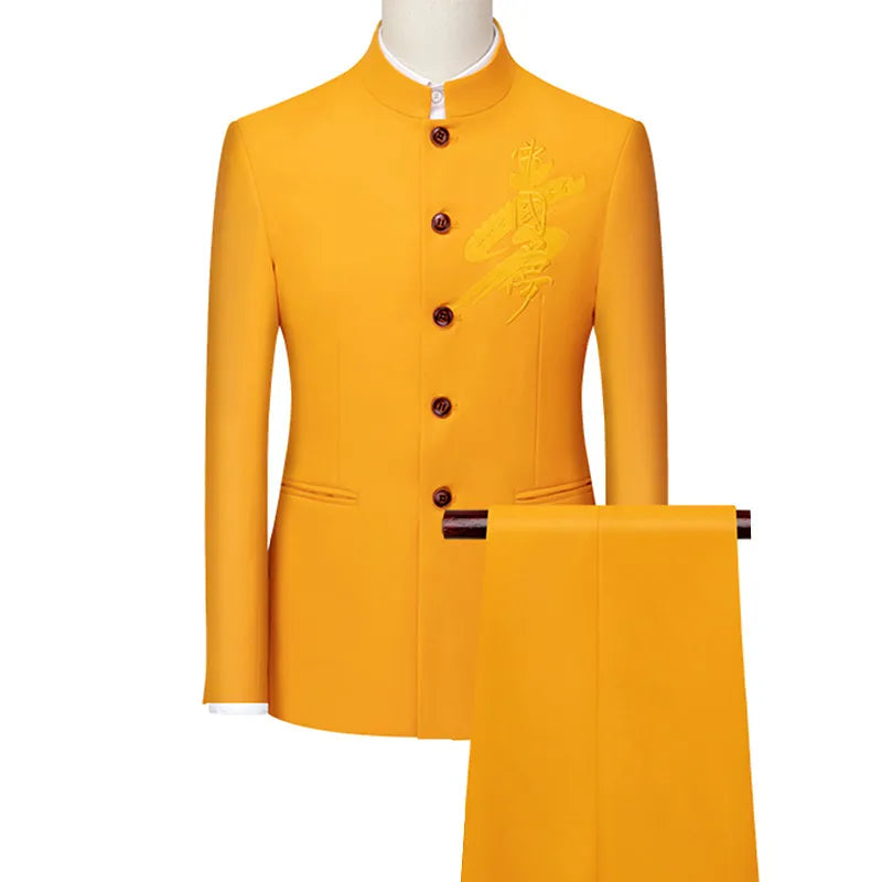 Men's White Single Breasted Stand Up Collar Suit 2-Piece, Chinese Style Red Slim-Fit Blazer Coat and Pants, Black, Blue, Yellow.