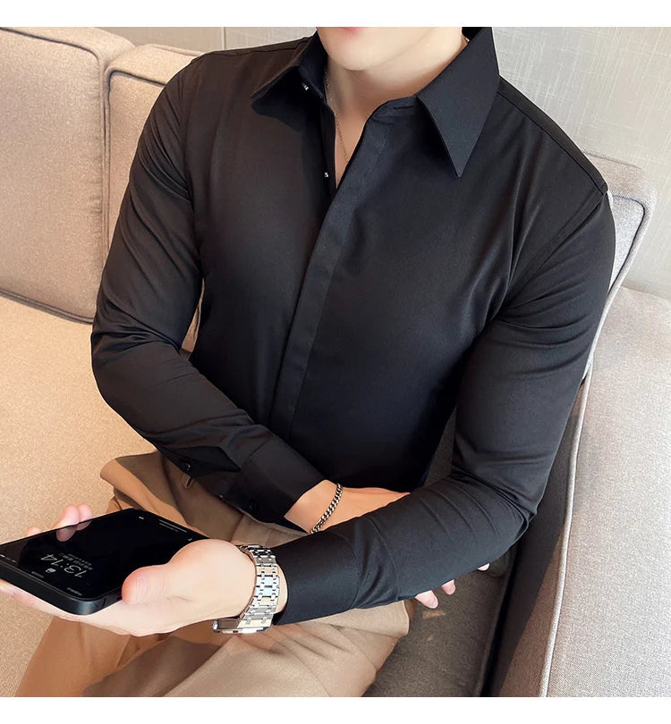 British Style Autumn Solid Shirt for Men Pointed Collar Long Sleeved Casual Shirts Fashion Business Formal Dress Shirts M-4XL