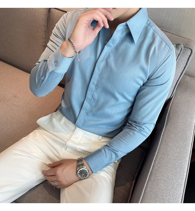 British Style Autumn Solid Shirt for Men Pointed Collar Long Sleeved Casual Shirts Fashion Business Formal Dress Shirts M-4XL
